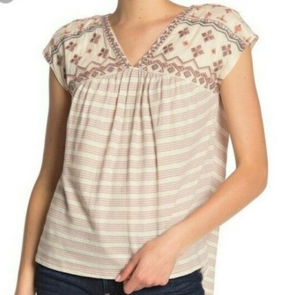 Lucky Brand Tops - Lucky Brand Top Cream Novelty Striped Embroidered